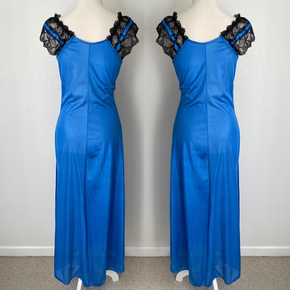 VINTAGE ROYAL BLUE LACE SILKY NIGHTGOWN SLIP DRESS MAXI MEDIUM - Picture 3 of 13